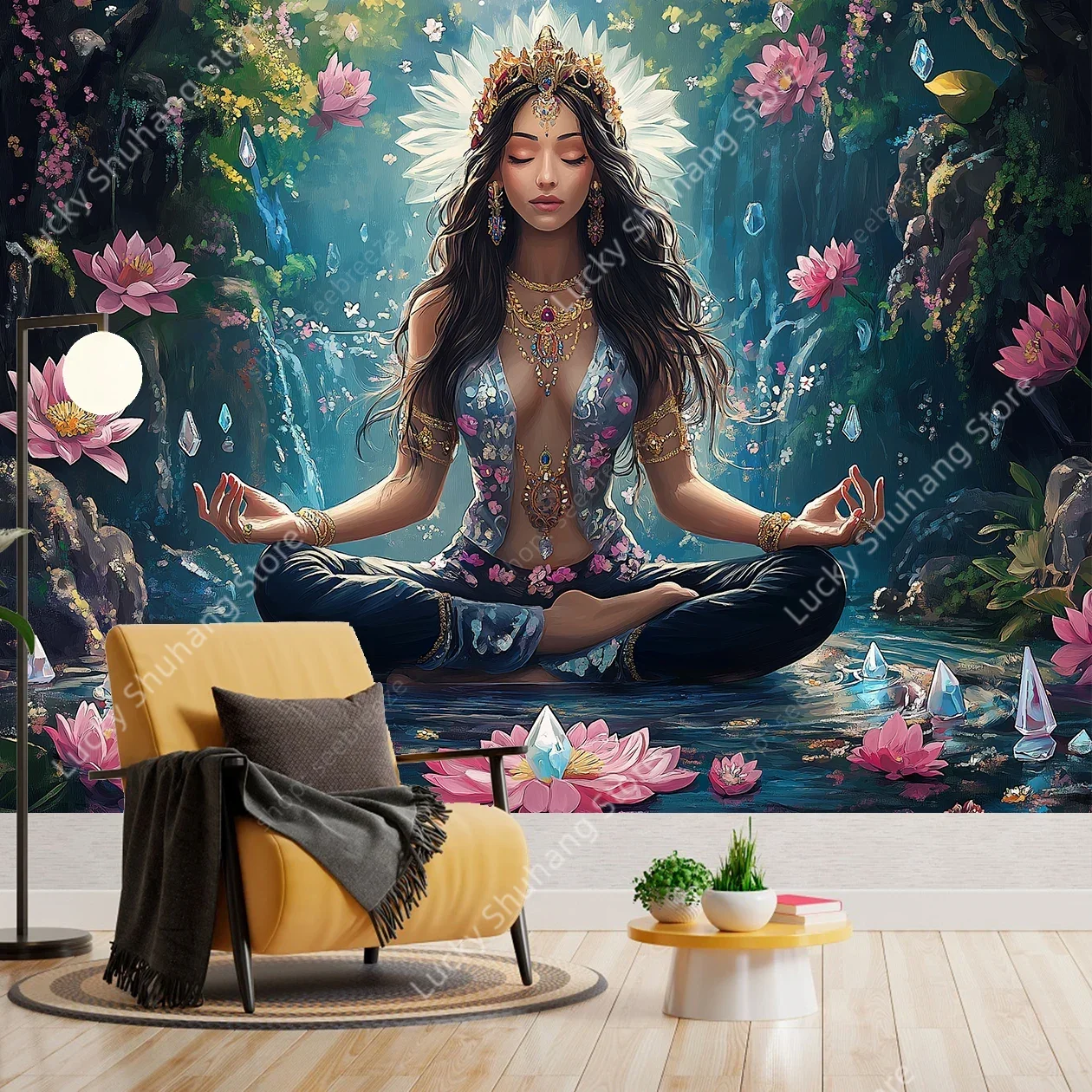Serene Lotus Crystal Meditation Tapestry Tranquil Yoga Wall Art for Spiritual Zen Bedroom Living Room Decor Peaceful Design