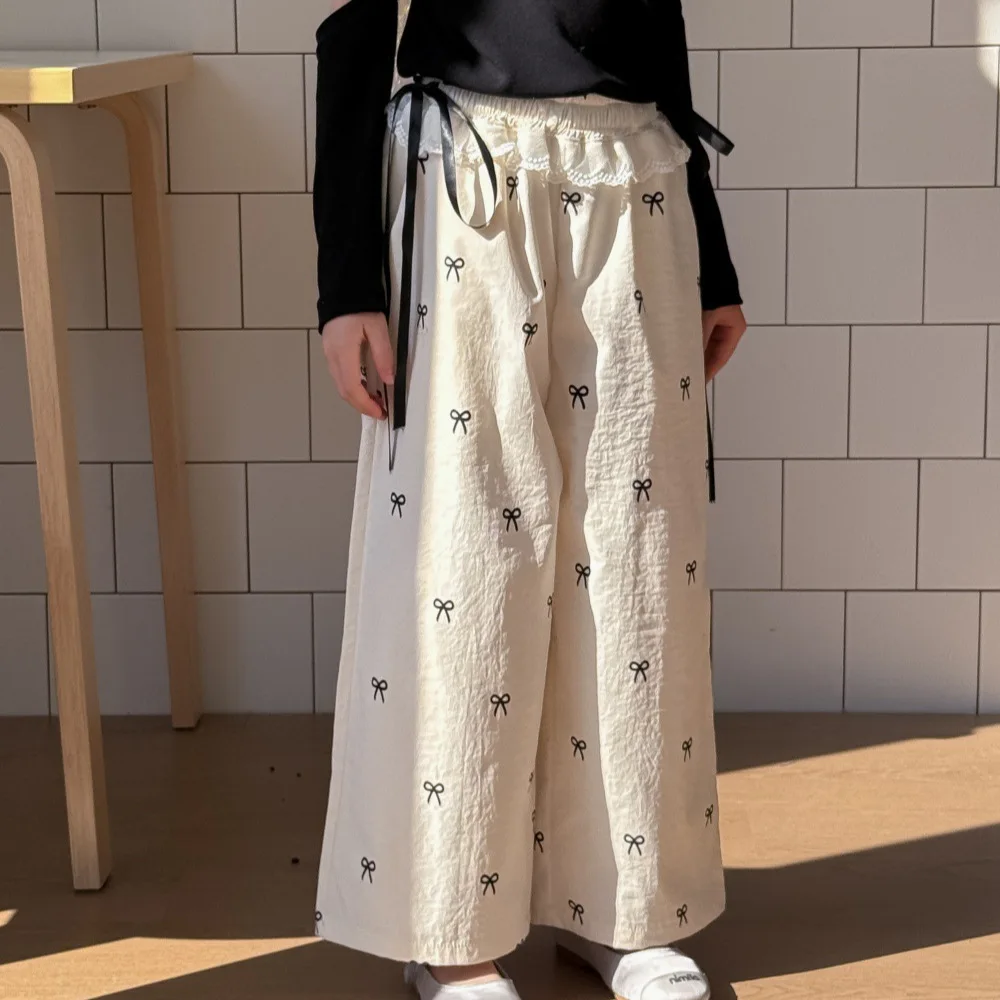 Baby Girls Pants All Over Print Bowknot Wide Leg Pants Lace Fashion 2025 Spring New Korean Style Childrens Straight Long Pants