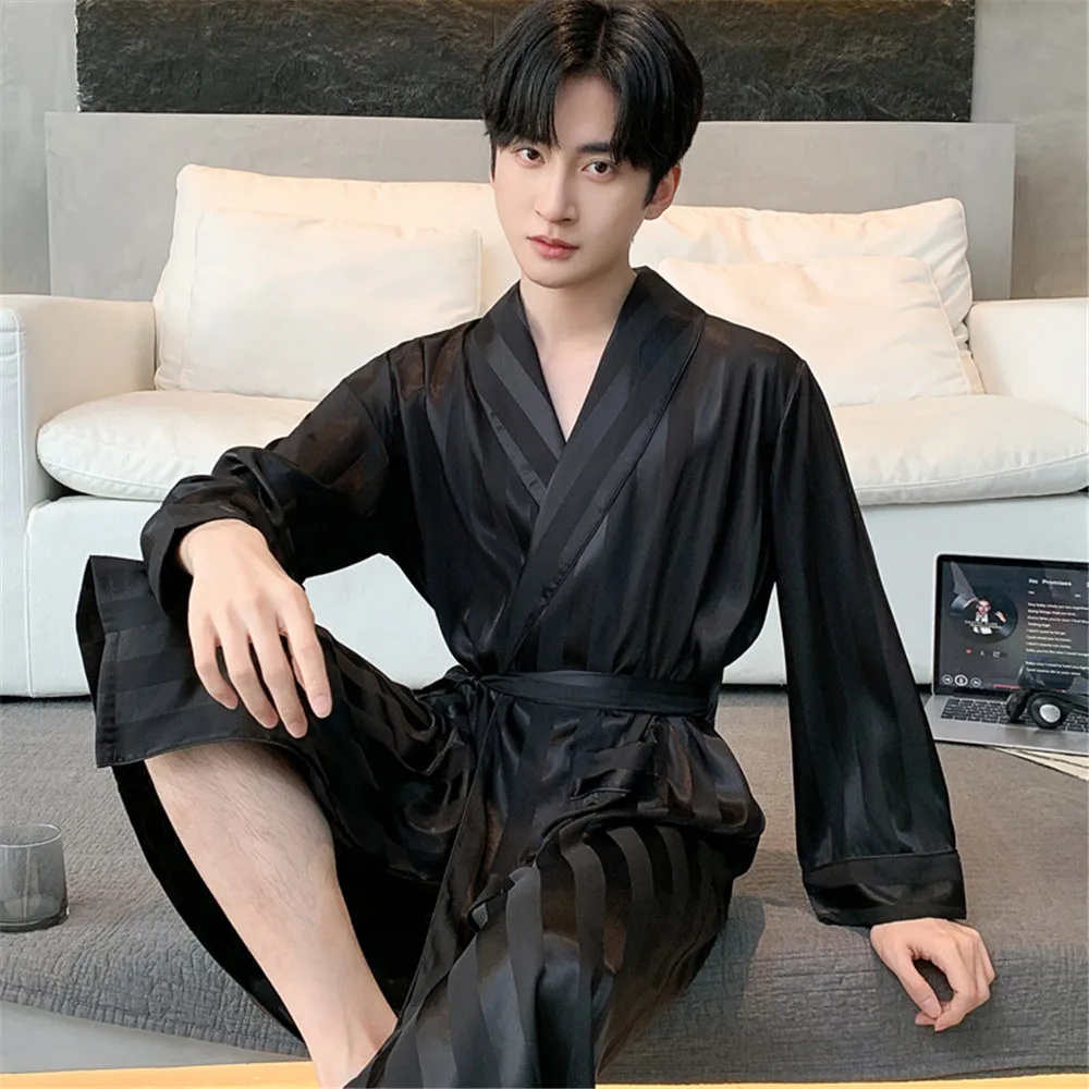 

Striped Jacquard Satin Long Bath Robe Spring Autumn Bathrobe Men Sleepwear Kimono Robes For Male Full Bride Robe