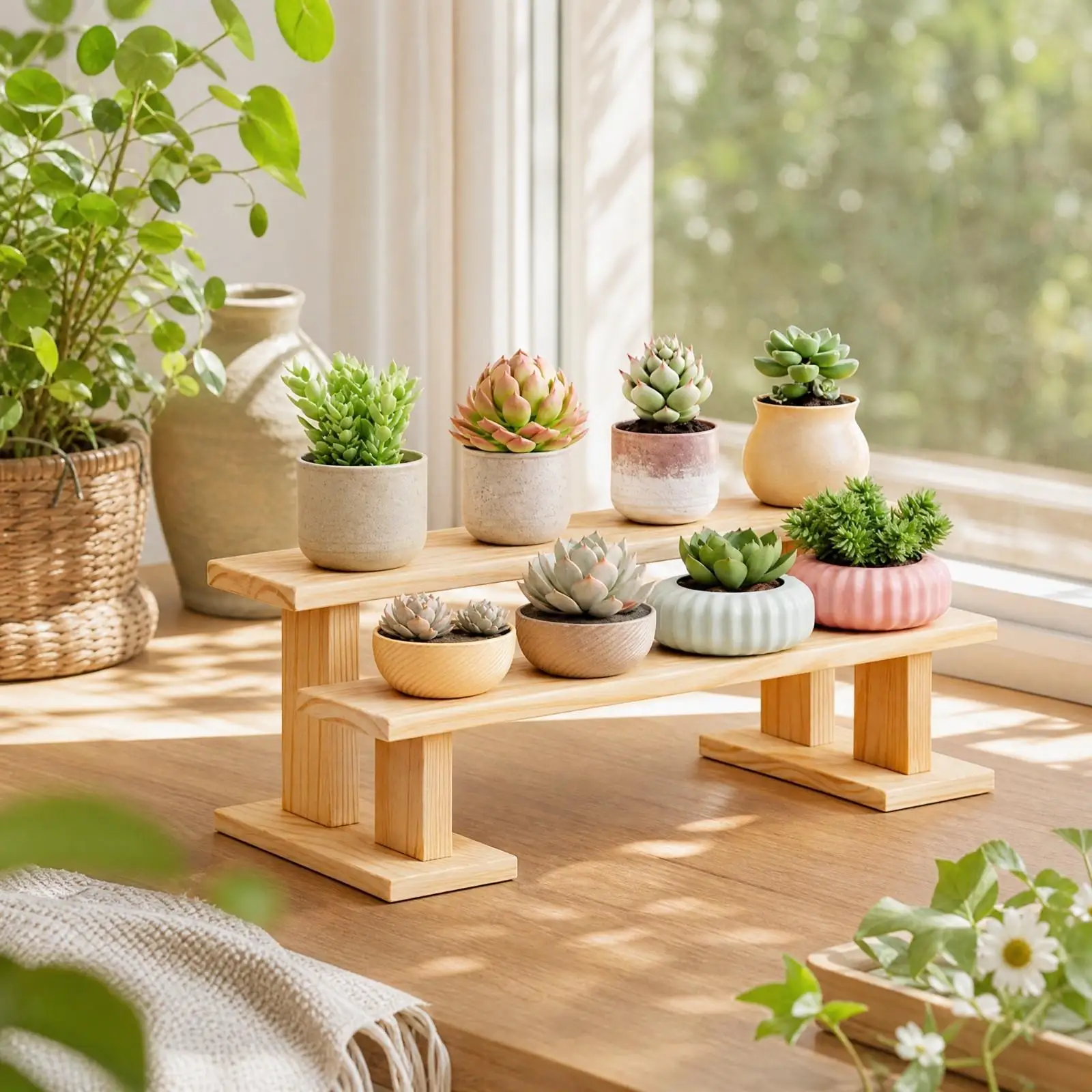 Low Profile Multi Tier Wood Shelf for Plant Display Balcony Desk Stand for Potted Greenery and Home Decor Items