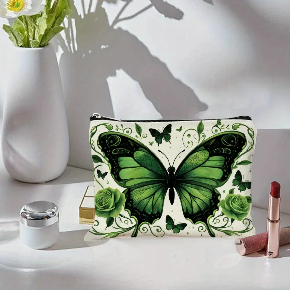 A Green Butterfly Floral Printed Makeup Bag - Cute Multi-functional Zipper Pouch, Jewelry Storage Bag