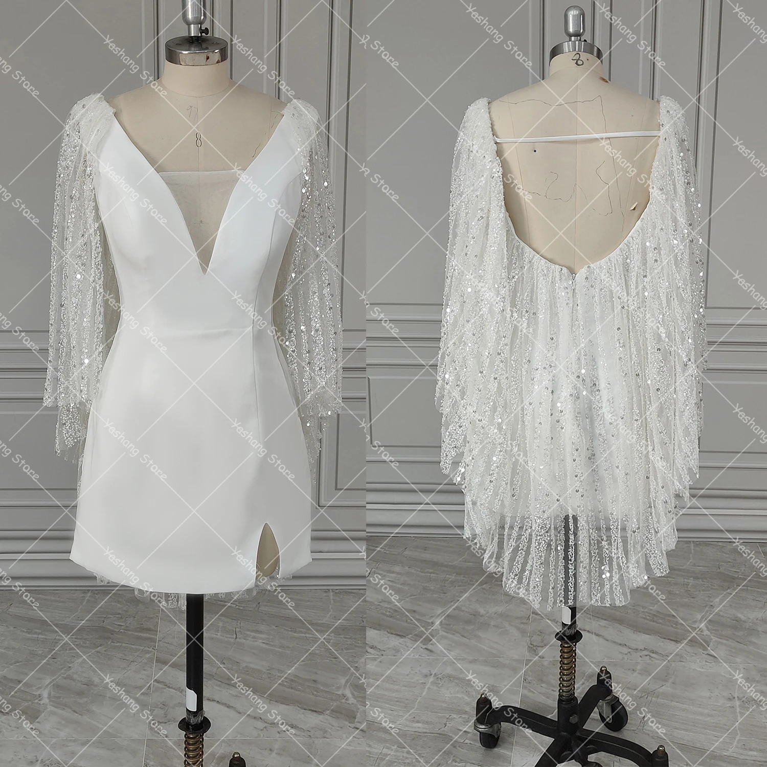 Beading Cape Batwing Sleeves Customized Wedding Dress Ivory Satin V Neck Open Back Real Photos Mini Summer Outdoor Bridal Gowns