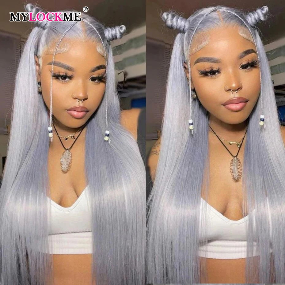 

Bone Straight Silver Grey Lace Front Wig Brazilian Colored 13x4 13x6 HD Transparent Lace Frontal Human Hair Wigs For Women