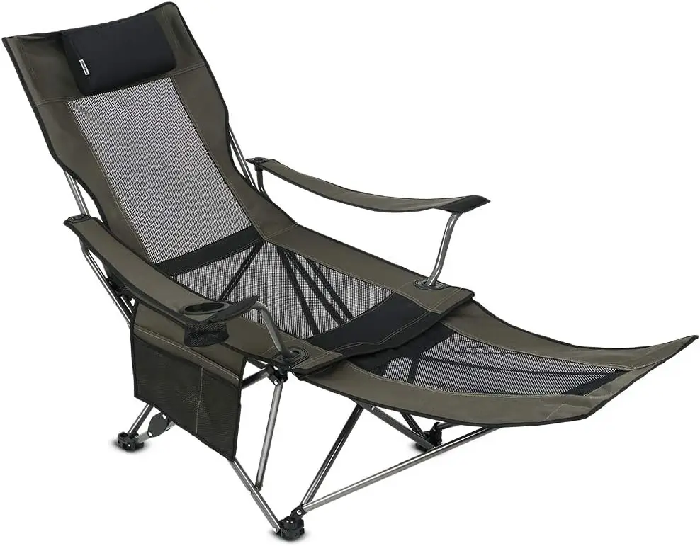 

Portable Camping Chair with Detachable Footrest, Cup Holder, Headrest and Mesh Pocket for Outdoor Relaxation