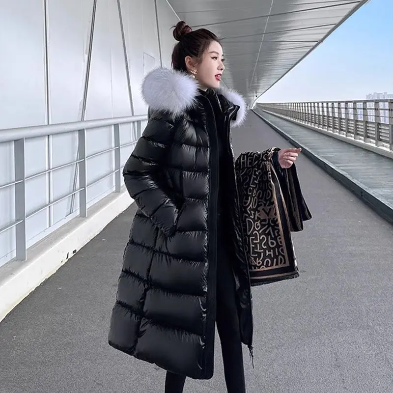 2026 Women Black Gold Long Padded Coat, Knee Length Slim Faux Fur Collar Korean Winter Jacket