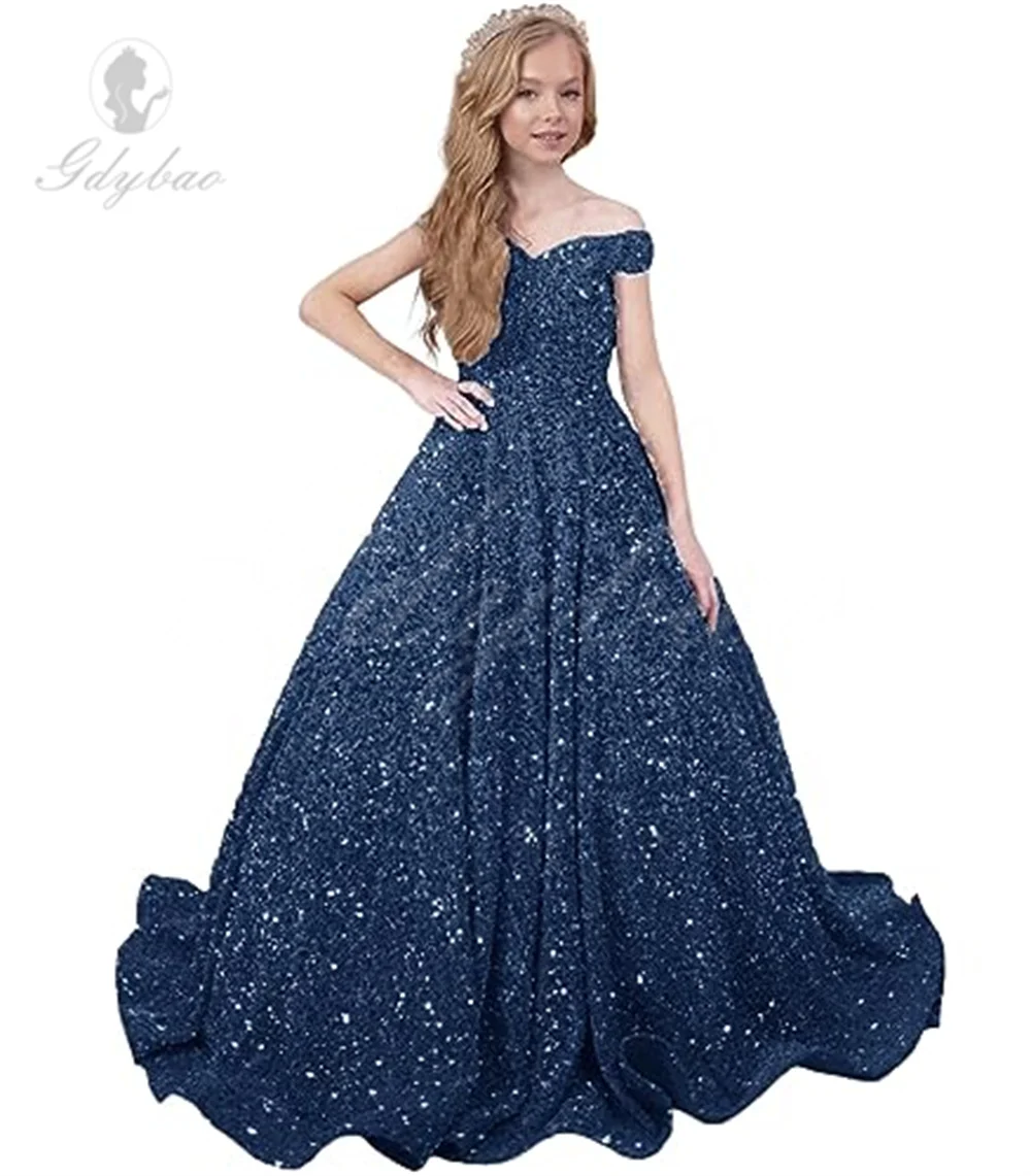 Vestidos brilhantes da menina de flor para o casamento fora do ombro lantejoulas até o chão menina crianças festa aniversário primeira comunhão vestido