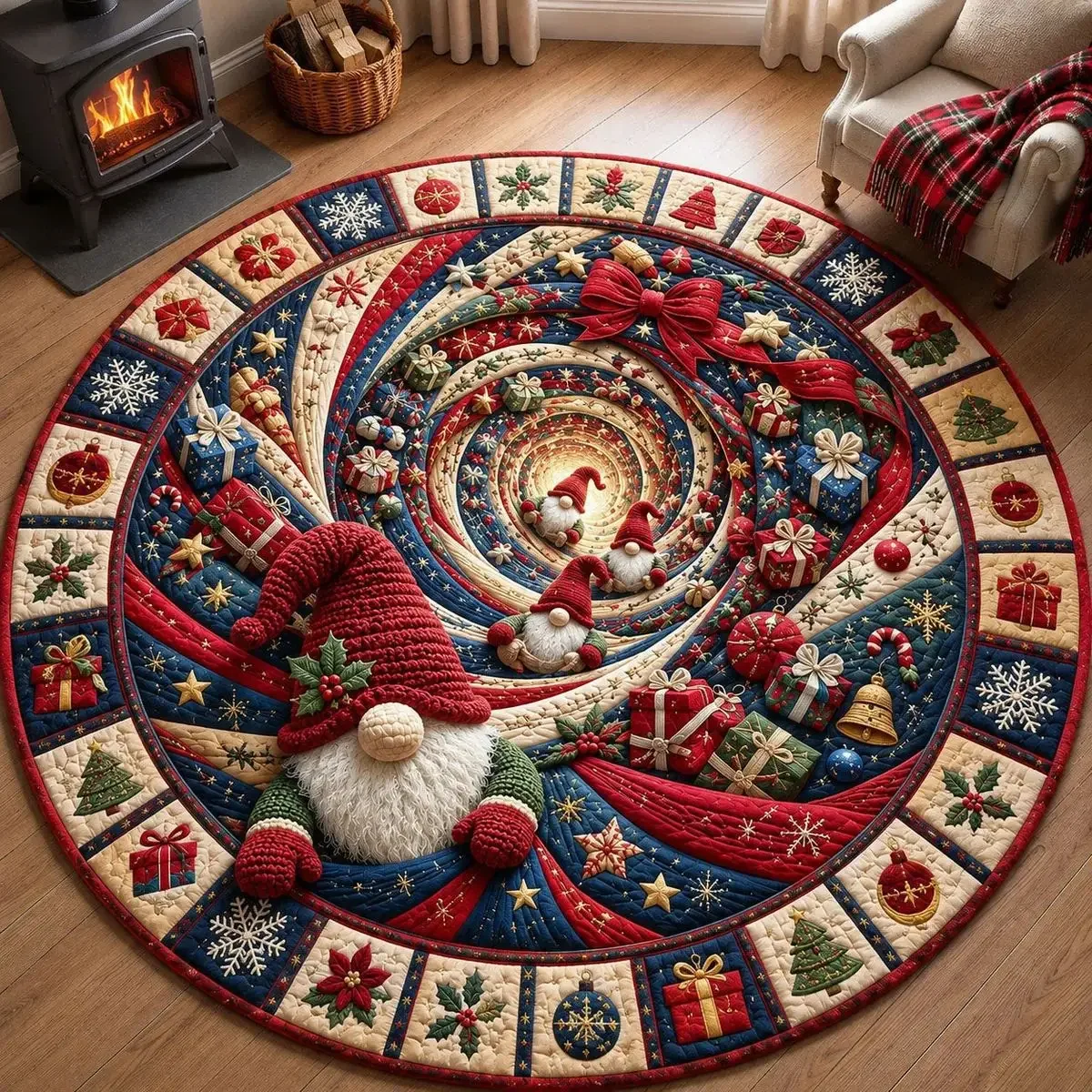 Round Area Rug Flannel Christmas Gnome 3D Illusion Spiral Vortex Floor Mat  Living Room Bedroom Holiday New Year Circle Carpet