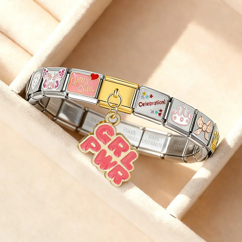 

Preppy Pink Italian Charms 9mm GRL PWR Dangle Girly Girl Butterfly Modular Links Stainless Steel Personalized DIY Jewelry Gifts