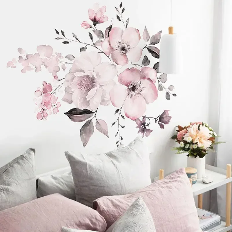 Watercolor Pink Flower and Leaf Combination Wall Stickers Home Background Decoration Stickers Removable Self-adhesive Mural