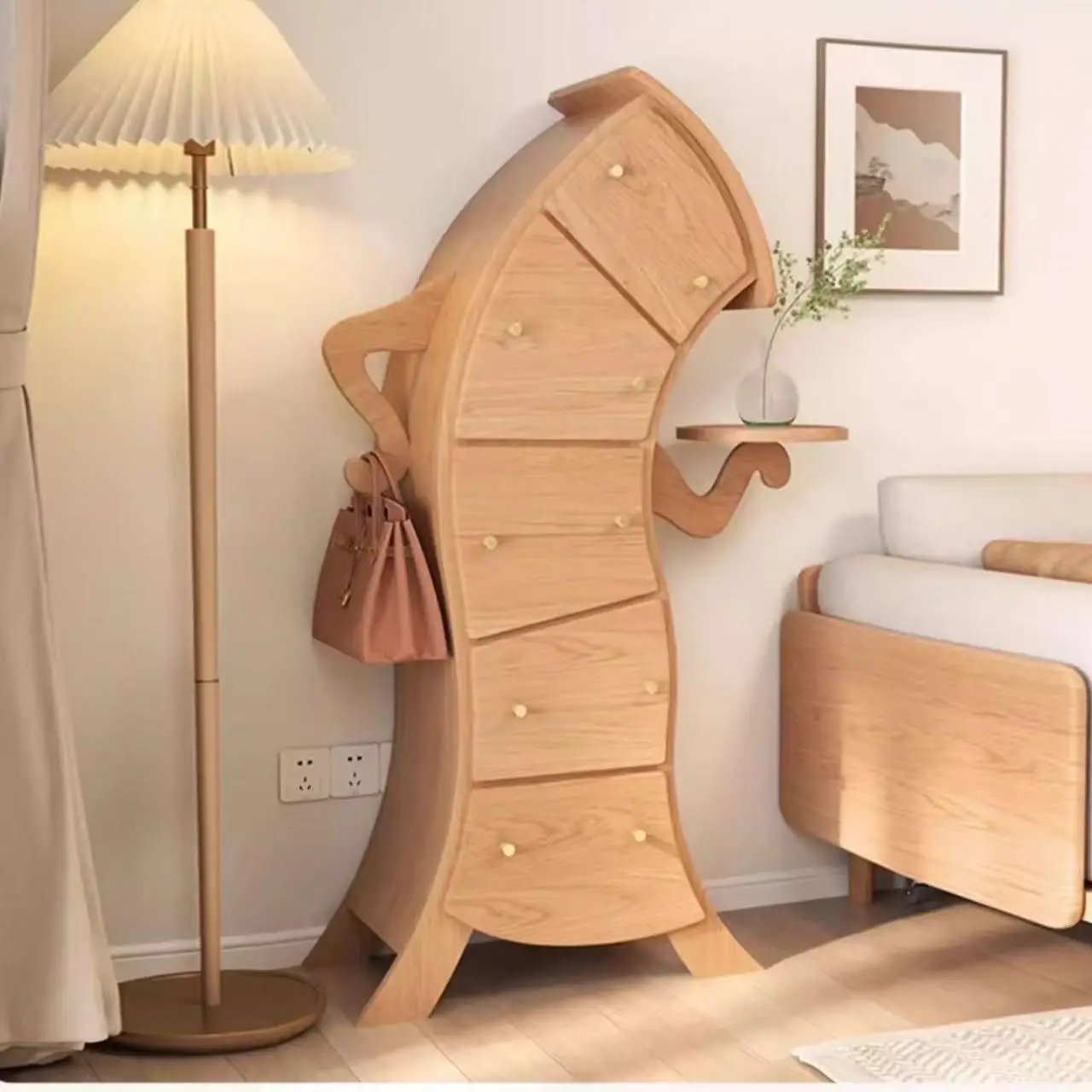 Solid Wood Curved Neck Chest of Drawers, Storage Bucket Cabinet Furniture For Bedroom Living Room