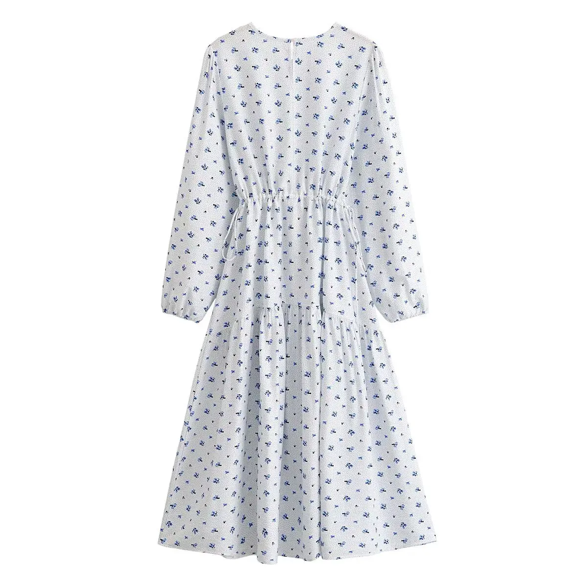 BOHO White Blue Floral Print Long Sleeve Dress Holiday O Collar Draw String Rope Bow Waist Loose Midi Dresses Beach Holiday Robe