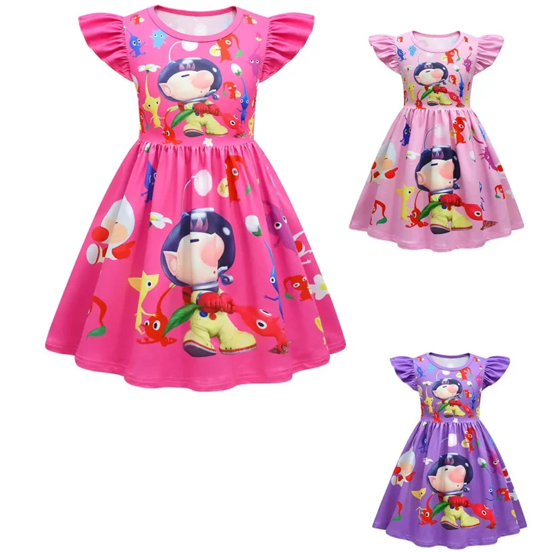 AIAI 2025Girls Dress Summer New Short Game Princess Clothing Pikmin Flying Sleeve Childrens Birthday Party Cosplay