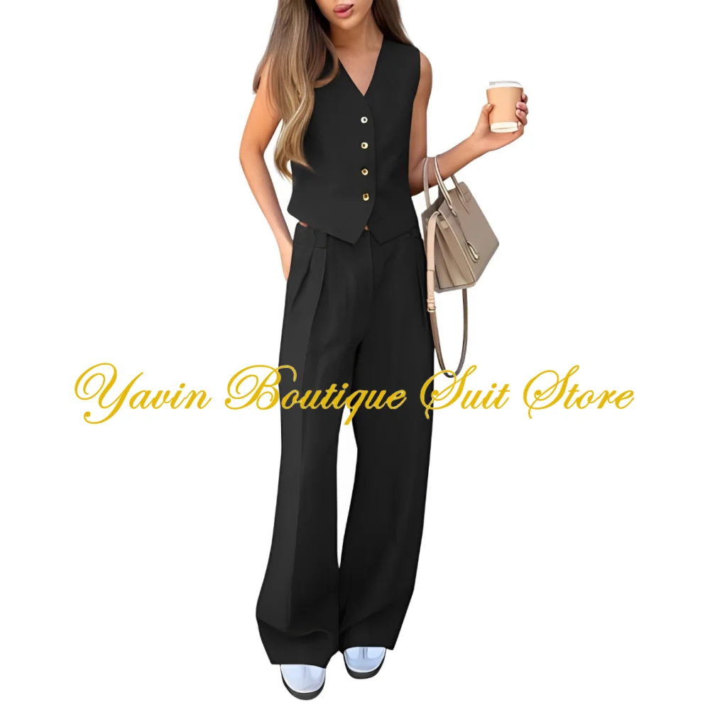 Traje de 2 piezas para mujer, traje informal de negocios, Chaleco Corto con cuello en V, Blazer y pantalones de traje de pierna ancha