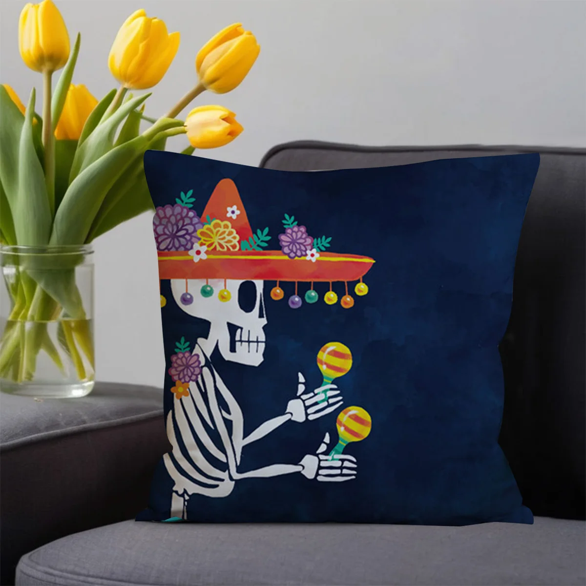 Mexican Day of The Dead Pillowcase Bedroom Living Room Sofa Home Decoration Cartoon Flower Skull Print Cushion Cover