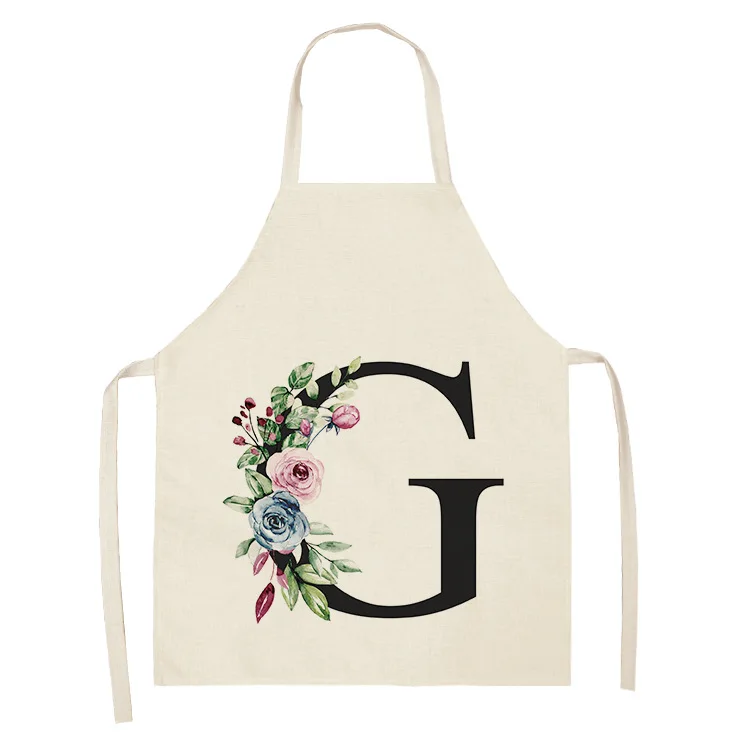 Flower Letter Alphabet Pattern Kitchen Apron For Woman Sleeveless Cotton Linen Aprons Cooking Home Cleaning Tools 55*68cm