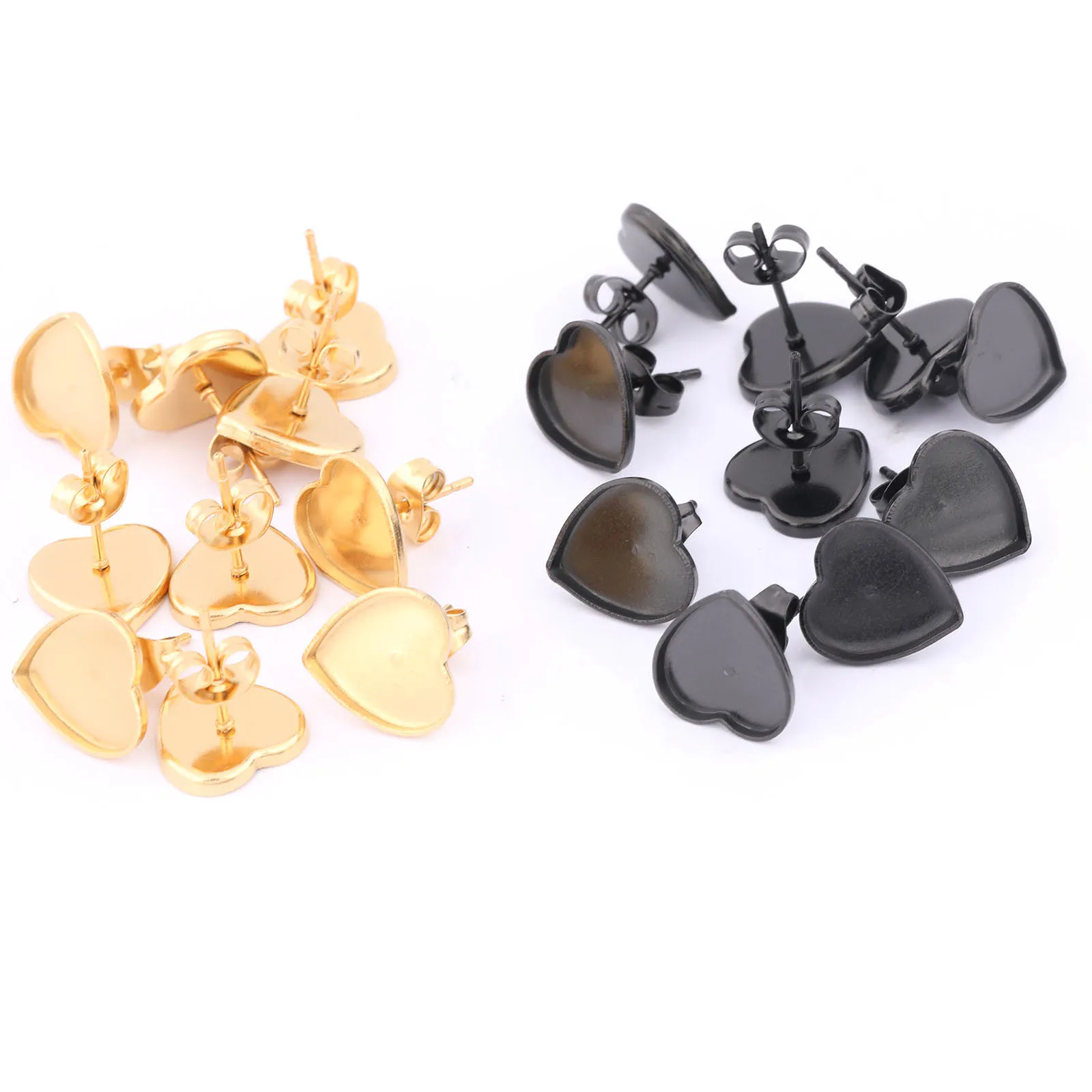 Pendientes de cabujón de corazón de 10mm, Base de acero inoxidable 20 piezas, pernos en blanco, chapado en oro, poste negro, accesorios para pendientes