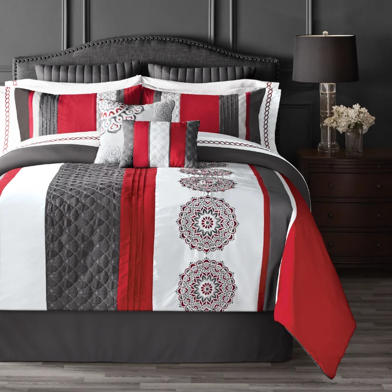 

Hotel Style14-Piece Bed Set, Queen, Red/Gray, Medallion Embroidered, Basic Weave, Polyfil