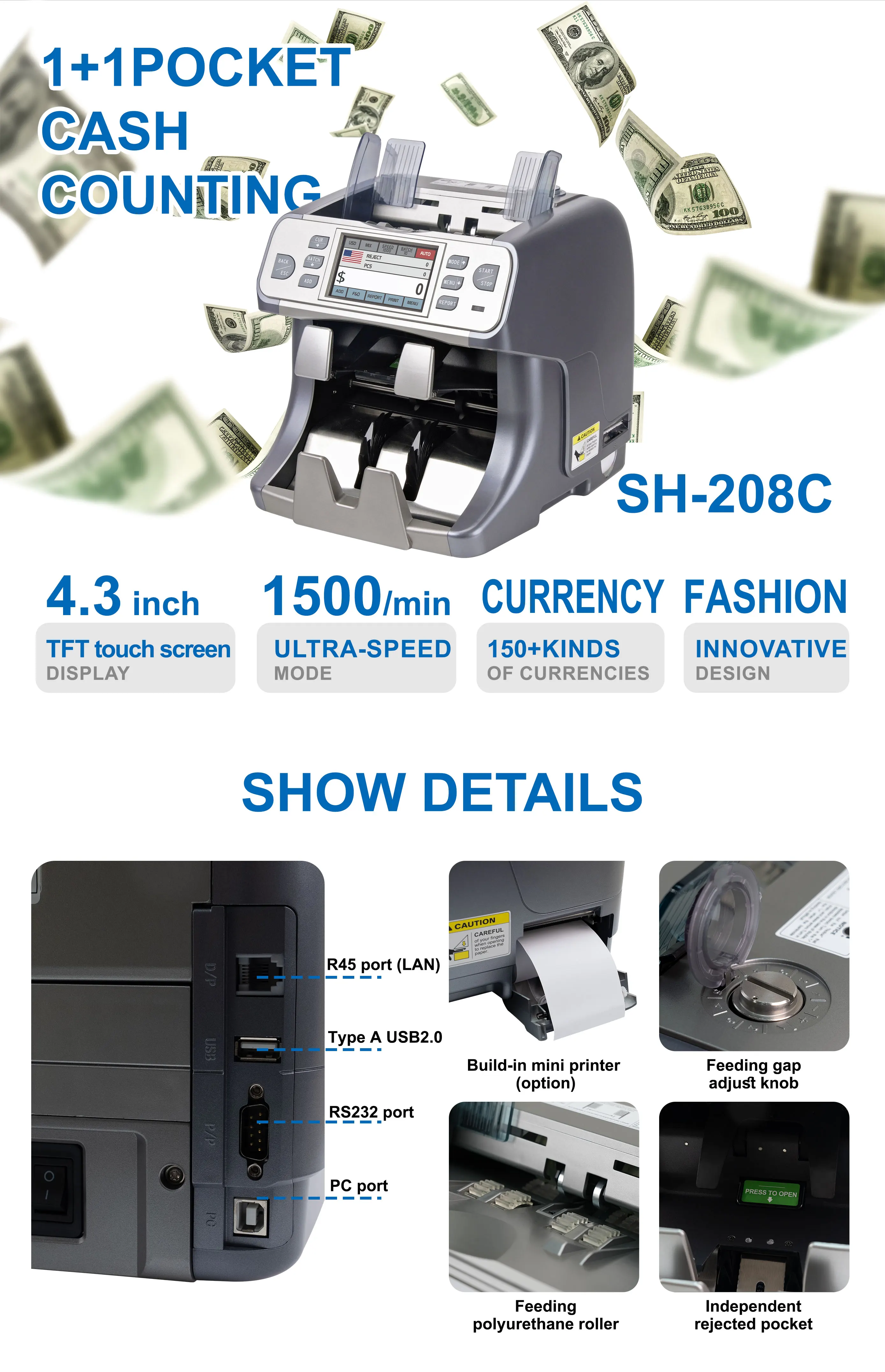 Máquina de contagem com impressora Venda quente Mix Valor Dinheiro