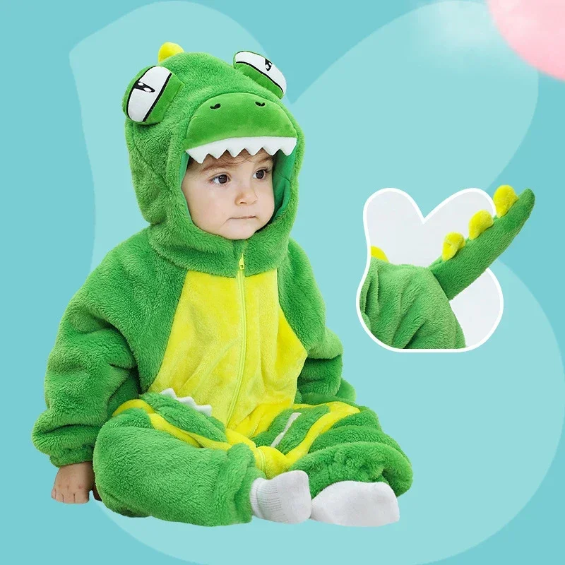 Halloween Cartoon Crocodile Baby Romper Todder Winter Thick Zipper Hooded Onesie Baby Boy Girl Clothes Flannel Cosplay Costume