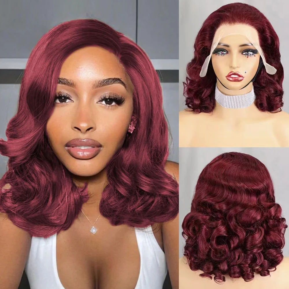 

99J Burgundy Bob Wig Human Hair 13x4 Frontal Lace Wig 14-26 Inch Bouncy Loose Wave HD Lace Front Wigs for Women 250% Density