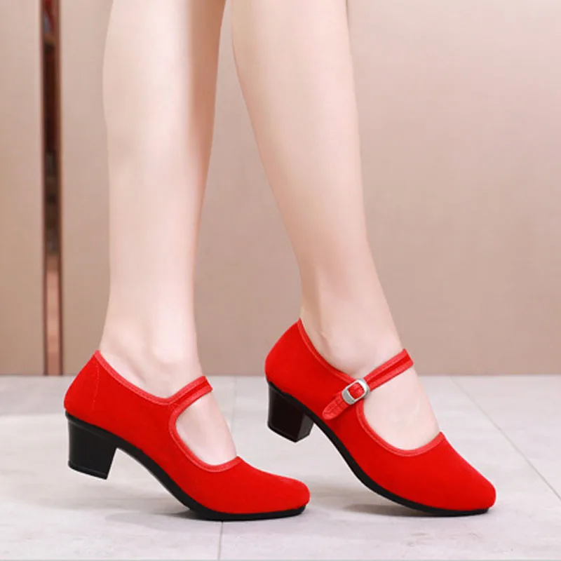 Beijing Traditional Cloth Shoes Autumn Women\'s Heels Square Heels Mary Jane Shoes Luxury Velvet Pumps Lady Work or Dancing Shoes