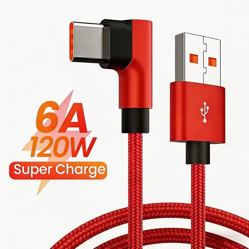 

90 Degree Type-C Fast Charging Cable For iPhone 15 16 17 Pro Xiaomi Redmi POCO Huawei Honor Nylon Braided Quick Charge USB Cable