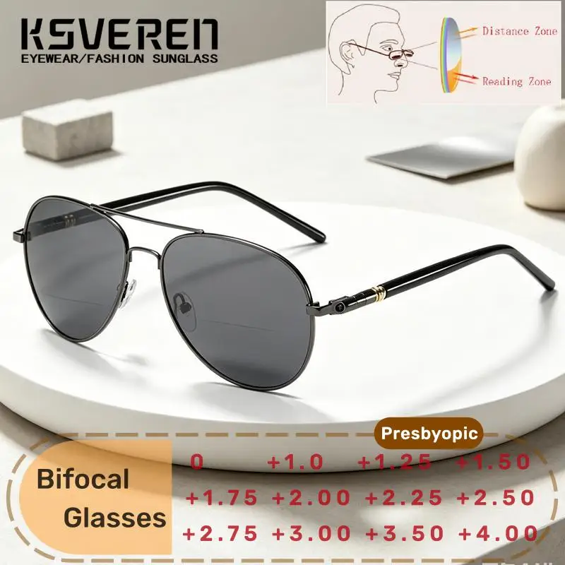 Retro Pilot Frame Gray Bifocal Reading Glasses Men Women Double Bridge Prescription Sunshade Eyeglasses Distance Near Use Lenses