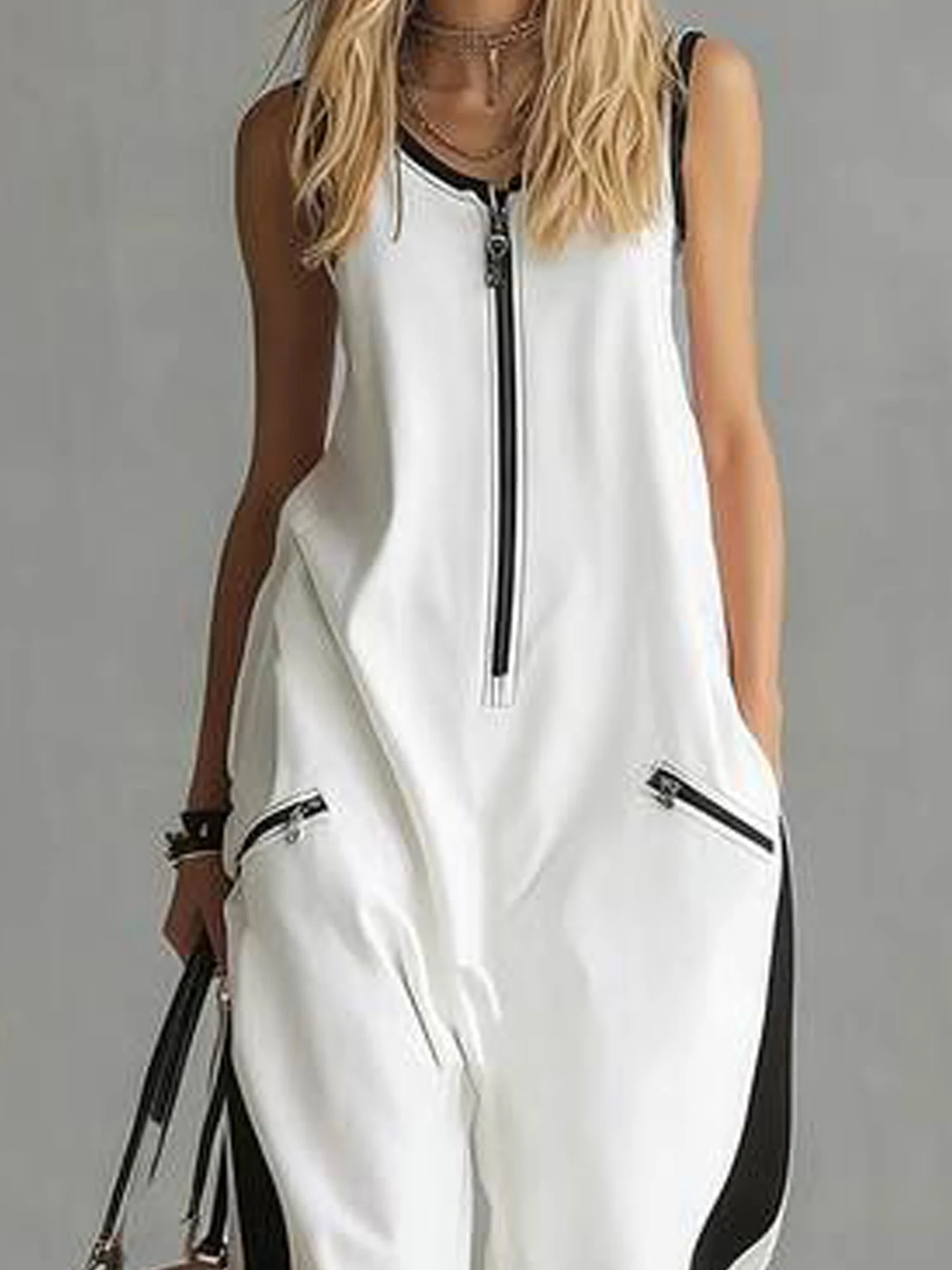 Bonboho Women's Half-Zip Contrast Color Jumpsuit 2026 Summer Fashion White Sleeveless Wide Leg Casual Streetwear Outfit