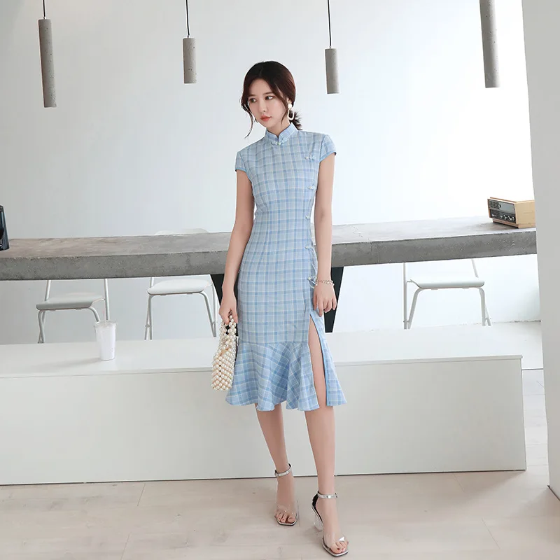 2024 Summer Modified Chinese Dress Womens Sexy Modern Plaid Qipao Knee Length Split Cheongsam Fishtail Dress Pink Blue 1114