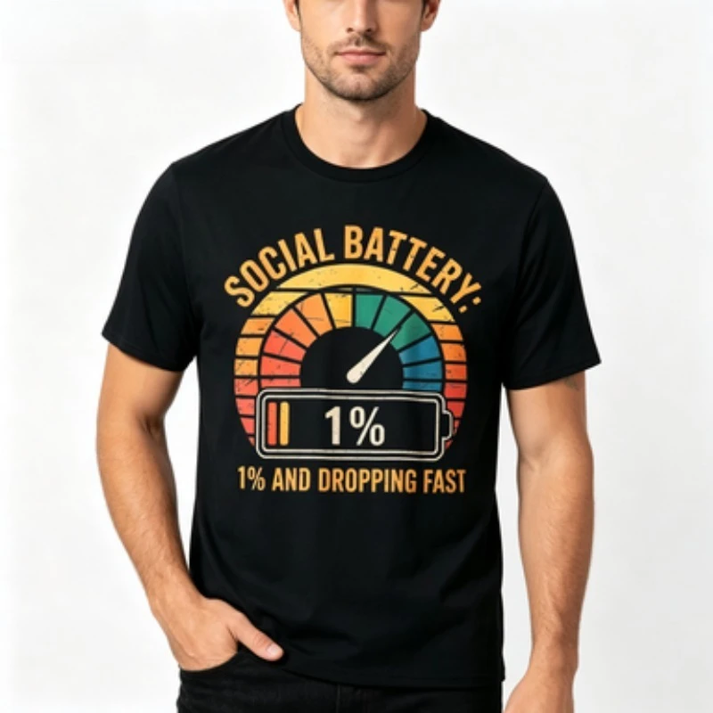 Men Round Neck Short Sleeve T-shirt Funny Social Battery 1% Print Tee Anti Social Introvert Casual Cotton Tops
