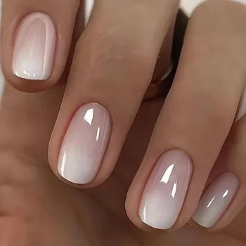 유광 프레스 온 네일 세트 단면 오벌 반짝이는 그라데이션 프렌치 네일 팁 재사용 가능한 풀 커버 거짓 손톱과 접착제 여성과 소녀들을 위하여