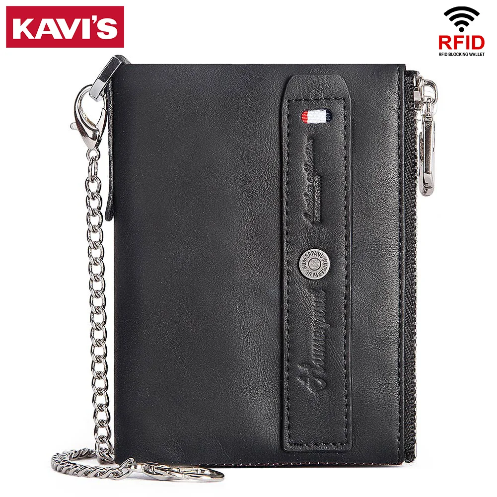 KAVIS Men's double-folding credit card bag made of leather with chain, large capacity and easy to carry