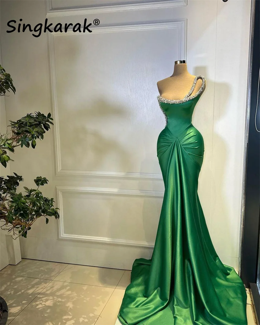 Robe de Soirée de Forme Sirène Verte pour Femme, Tenue de Luxe, Simple, Longueur au Sol, avec Perles, Personnalisée, pour Occasions Formelles, Citroanniversaire, 2025