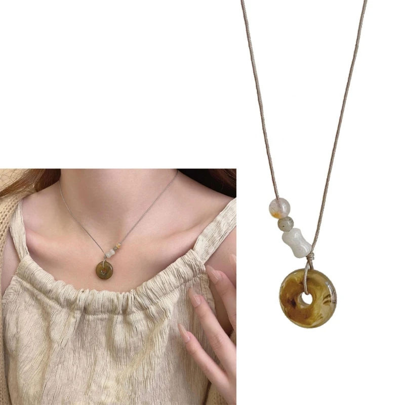 Peace Buckle Pendant Necklace Hollow Necklace Chinese Clavicle Chain Leather Rope Sweater Necklace