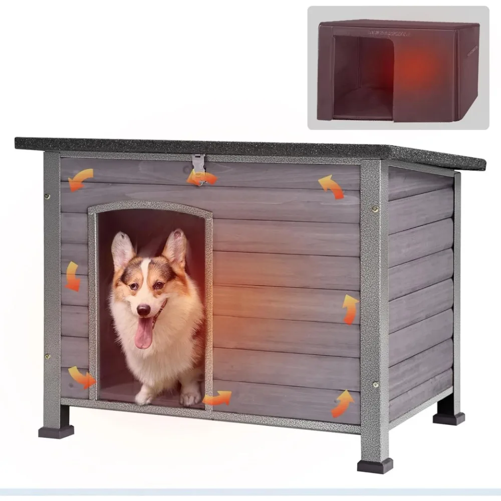

Insulated Dog House with Liner for Outdoor Winter Weatherproof Wooden Dog Kennel All-Around Iron Frame