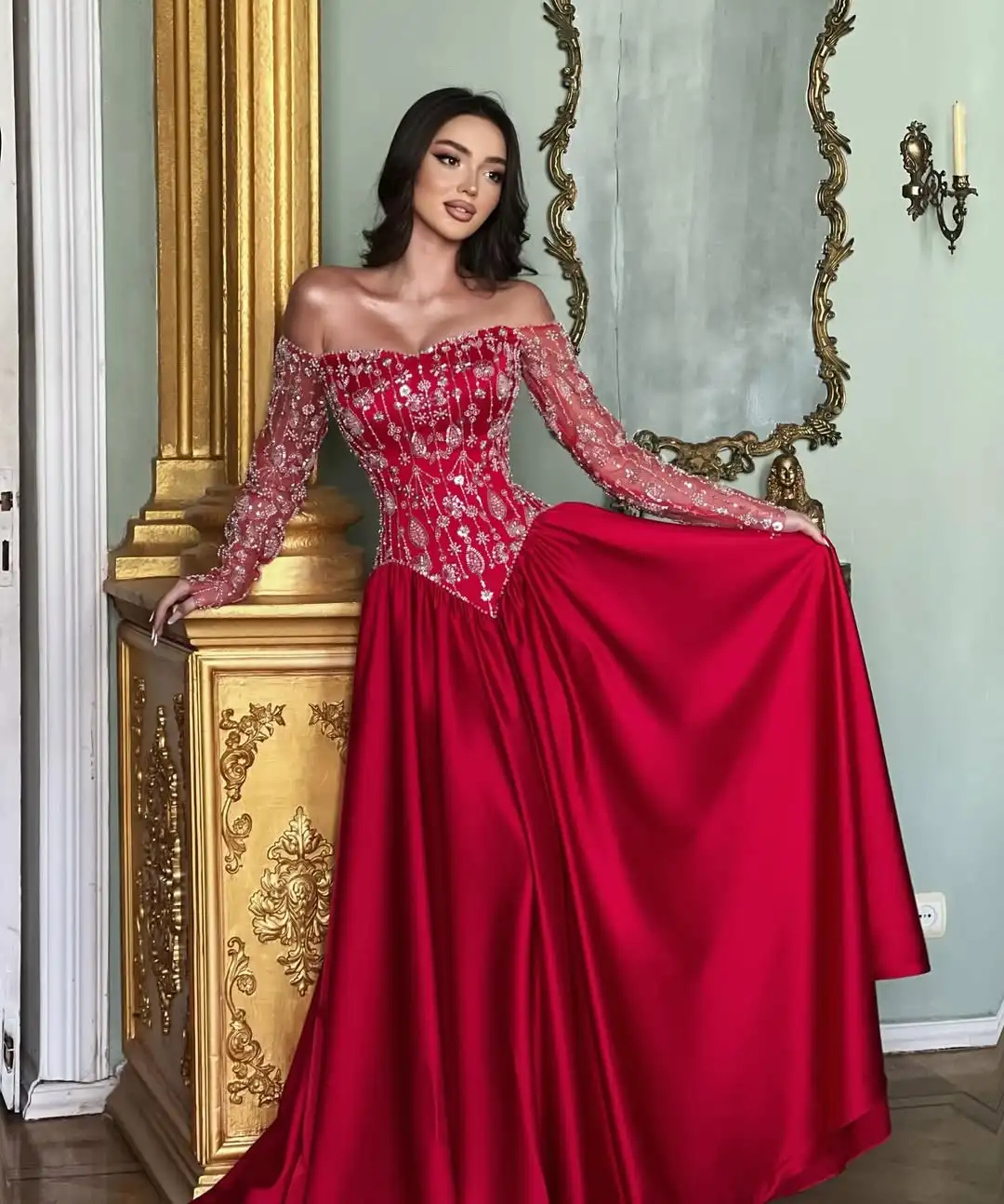 

Hot Sale Red Luxury Elegant Glittering Off The Shoulder Draped A Line Satin Beaded Embroidery Evening Prom Formal Party Dress