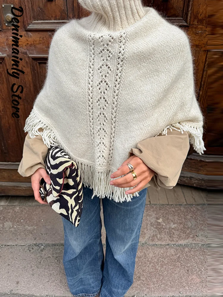 Casual Women's Tassel Patchwork Knit Shawl Loose High Neck Hollow Out Long Sleeve Female Smock 2026 Autumn Lady Fashion Shawls