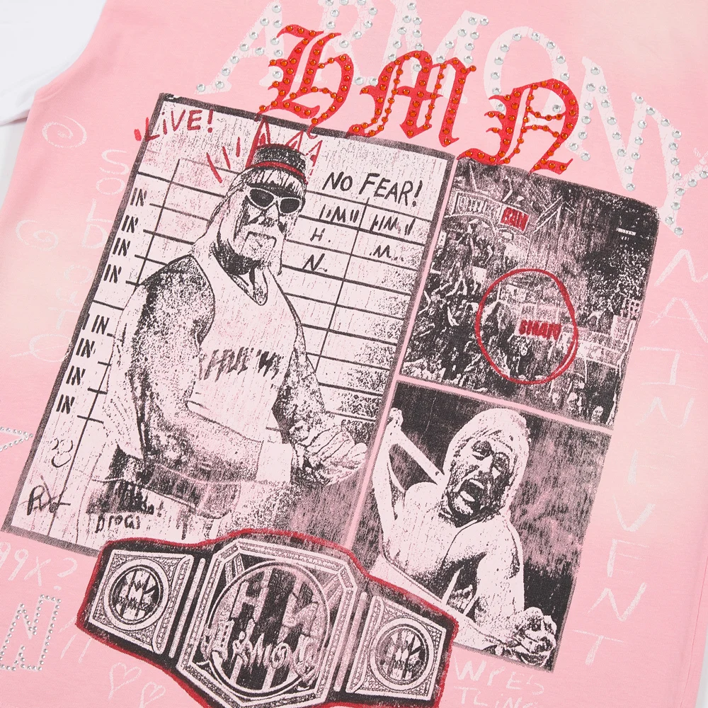 Y2k American Hip Hop Streetwear Boxing Graphic T Shirts with Rhinestones Cotton Street Style Casual Patchwork Short Sleeves Tees