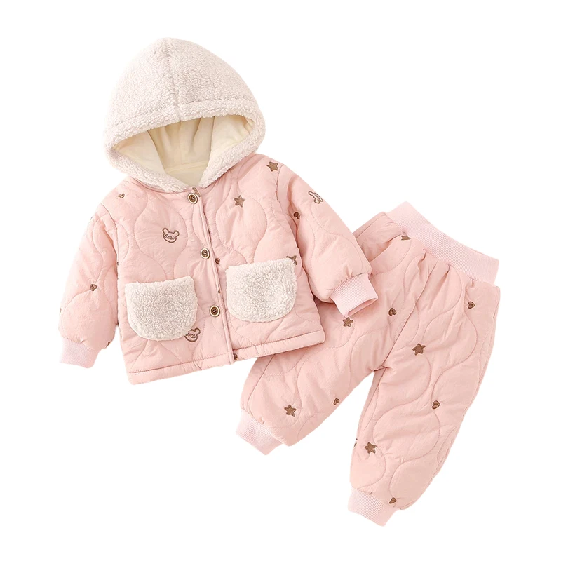 ชุดสองชิ้นบุผ้าฝ้ายอุ่นสำหรับเด็กทารกและเด็กเล็ก เสื้อผ้าสำหรับฤดูใบไม้ร่วงและฤดูหนาว ชุดออกนอกบ้านมีฮู้ด ซับในด้วยผ้าขนสัตว์ แยกชิ้นเสื้อแจ็คเก็ต...