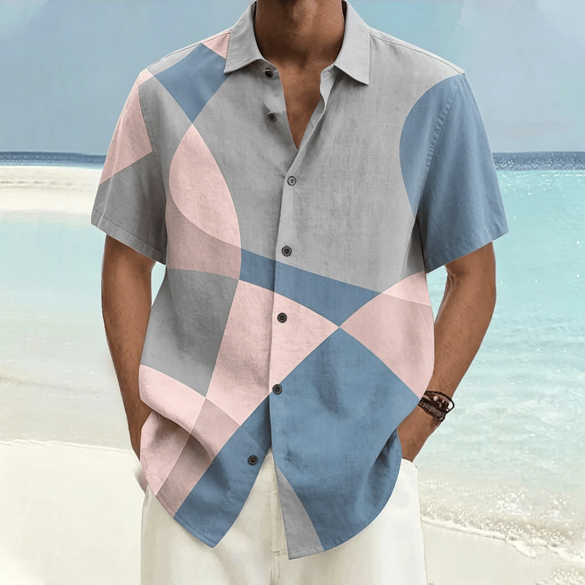 

Men's Morandi Geometric Abstract Print Short Sleeve Shirt, Casual Minimalist Button Up Shirt for Spring & Summer