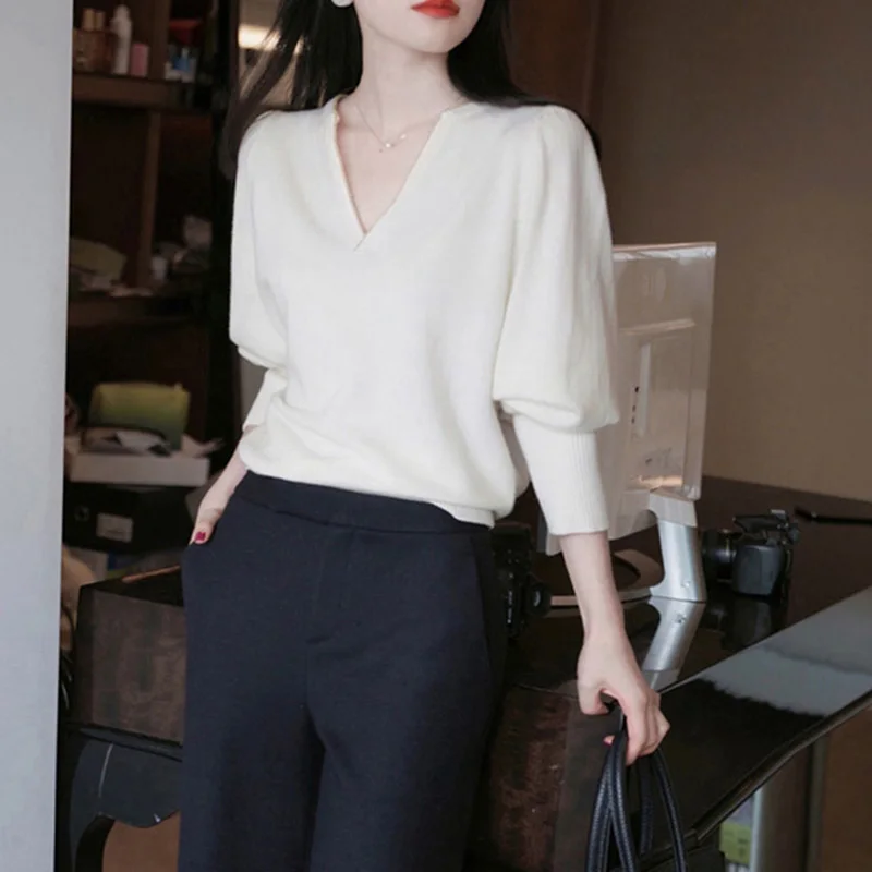 

Brand Knitted Top Lantern Sve V-Ne Korean Sle Commute Straight Cut Regular Thin Spring ort Sve Women's irt