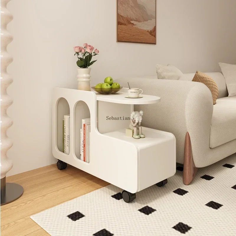 Sofa Side Cabinet, Light Luxury Mobile Coffee Table, Bedside Small Table, Cream Wind Side Table, Living Room Trolley with Wheels