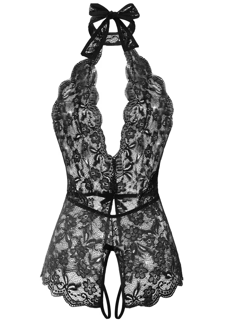 Exotic Lingerie Sexy Floral Lace Underwear Erotic Open Crotchless Babydoll Dress Plus Size Women Porn Costume Bowknot Pajamas view 3