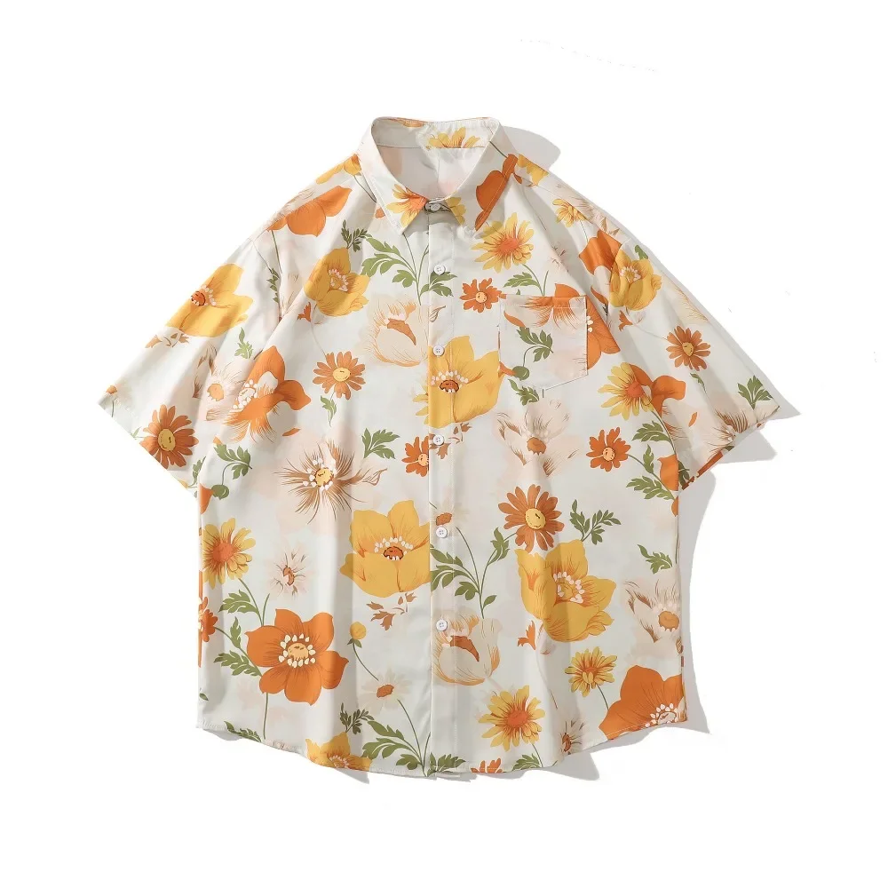 Chemises à manches courtes colorées pour hommes et femmes, streetwear floral rose pour jeunes, tenues de vacances en bord de mer, chemise décontractée pour couple, été, 03