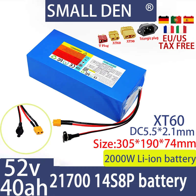 New 52V 40ah 21700 14S8P 1500W 2000W lithium battery, suitable for balance bikes, bicycles, scooters, tricycles+2A 3A 5A charger