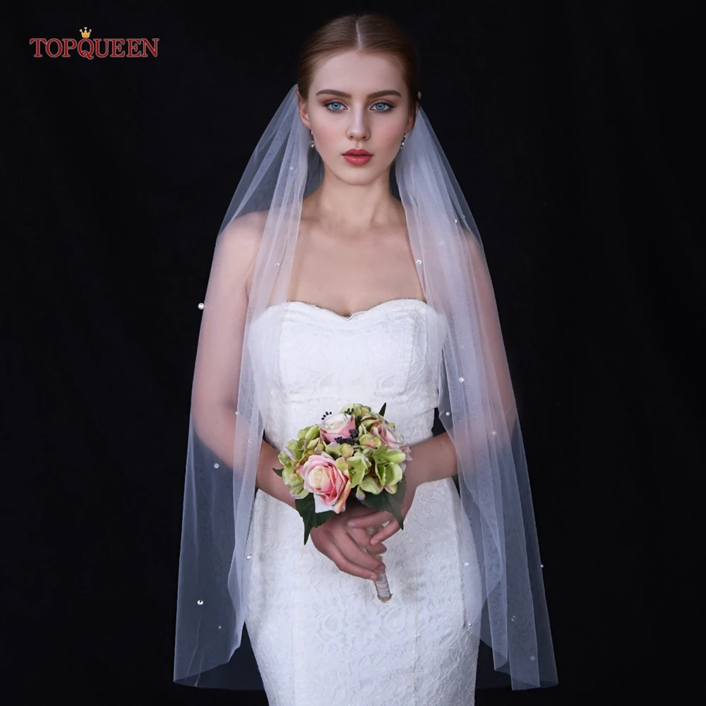 

TOPQUEEN V109 Sparkling Pearl Rhinestone Veil Short Fingertip Long Single Layer Bridal Veil Soft Tulle Wedding Accessories