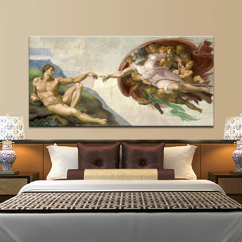 Sistine Chapel Ceiling Fresco of Michelangelo, Creation of Adam Poster Print on Canvas Wall Art Picture for Living Room Decor