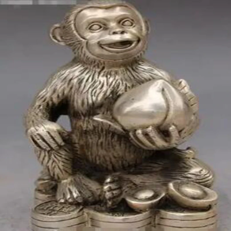 

Chinese Silver Carving Wealth Yuanbao Hold Peach Monkey Monkeys Animal Statue