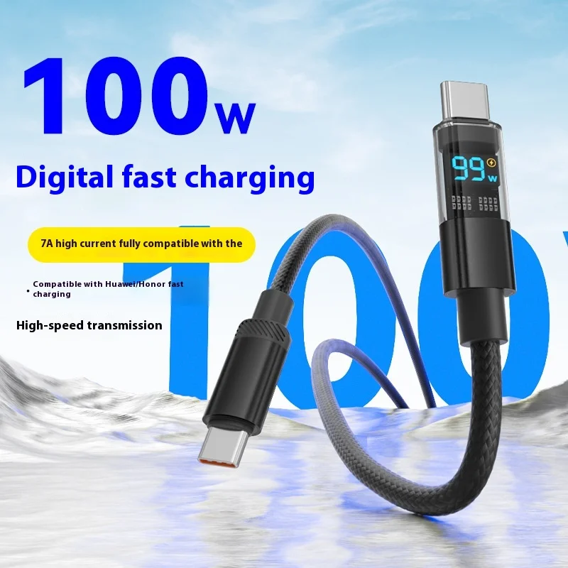 100W Super Fast Charging Horizontal Screen Transparent Digital Display Power Mobile Phone Data Cable Suitable PD Braided Wire