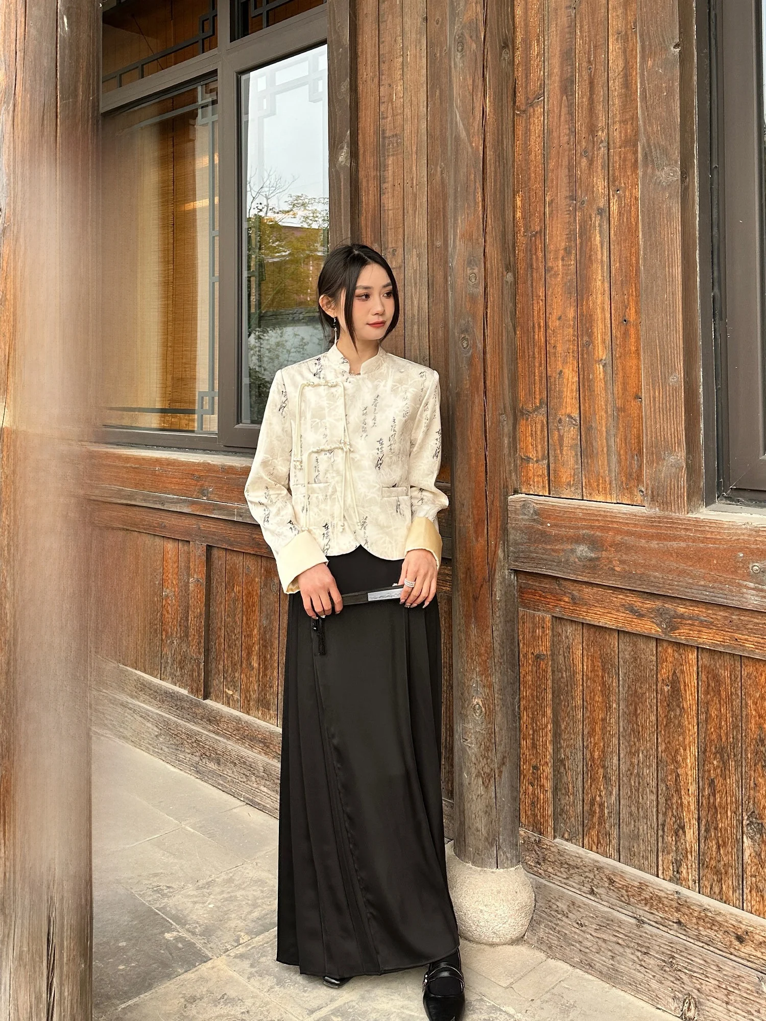 

New Chinese Style Two-Piece Set Women's Design Sensation Casual A-Line Skirt Elegant Top Polyester Fiber Long Sleeve round Neck